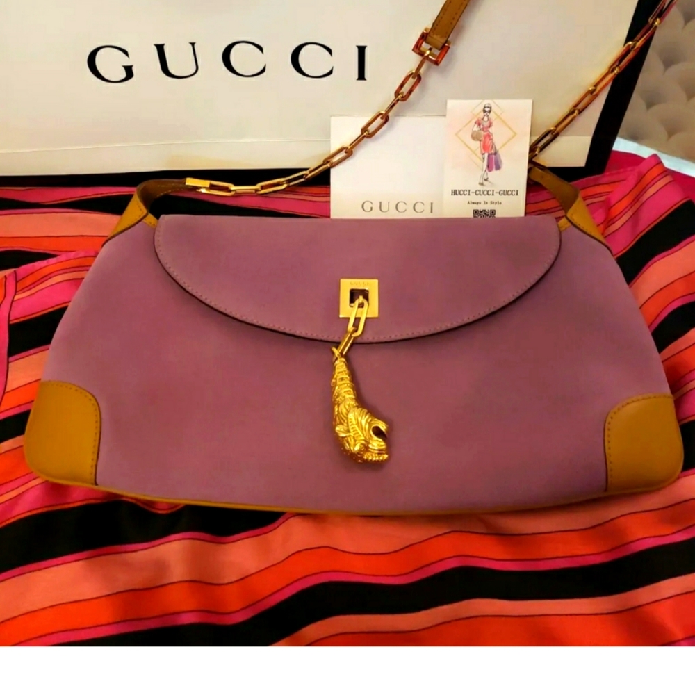 Gucci Tom Ford Pink/Purple Suede Leather Tiger Charm Chain Shoulder Clutch Bag